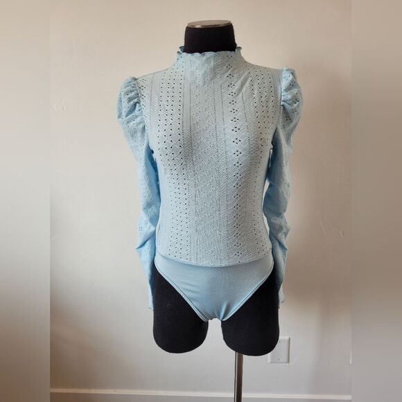 Blue Lace Bodysuit Long Sleeve Ruched Cottagecore Fairy Maiden Soft Girl S - Picture 1 of 9